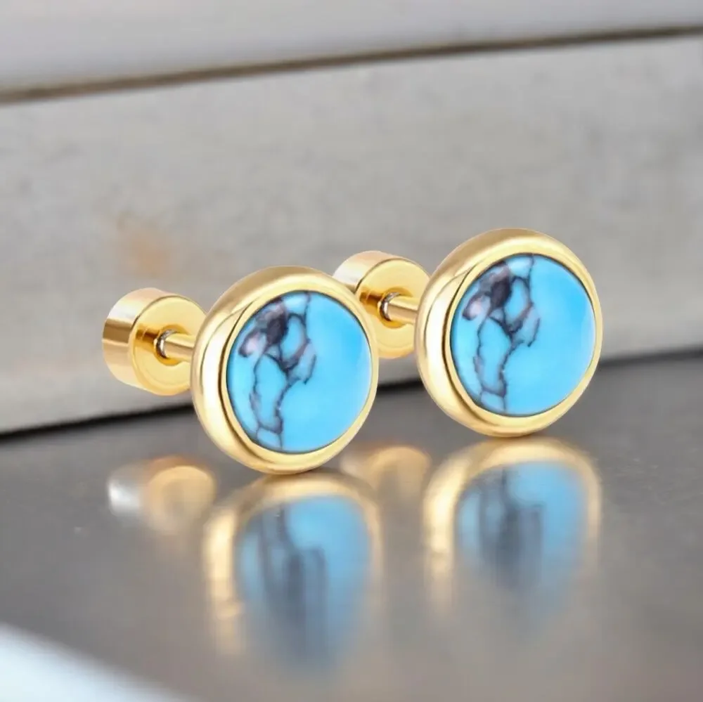 NEW 14K yellow gold plated turquoise stud earrings jewelry B28A - Picture 1 of 6